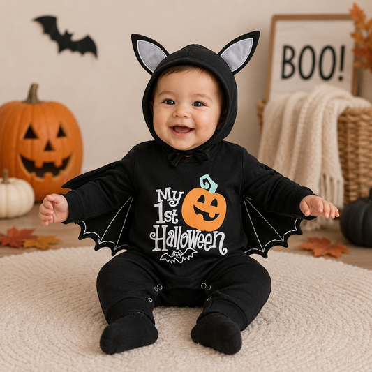 A baby wearing a black bat costume with attached wings and cat ears sits on a cream rug in a Halloween-themed room. The costume has 'My 1st Halloween' printed on the front with an orange pumpkin graphic.