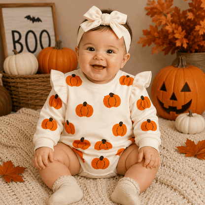 A baby wearing a cream long-sleeve romper with an orange pumpkin print and a matching cream bow headband, sitting on a knit blanket with fall decorations including pumpkins, autumn leaves, and a BOO sign.