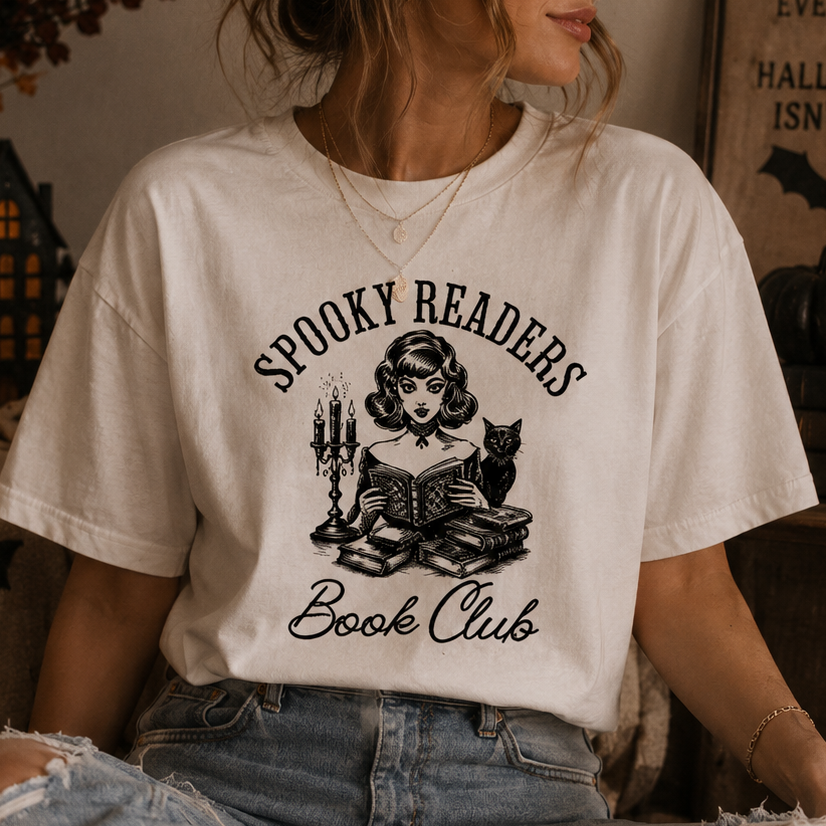 A woman wearing a cream-colored graphic t-shirt with a black illustration of a woman reading, a cat, and candles, with the text 'SPOOKY READERS Book Club'.