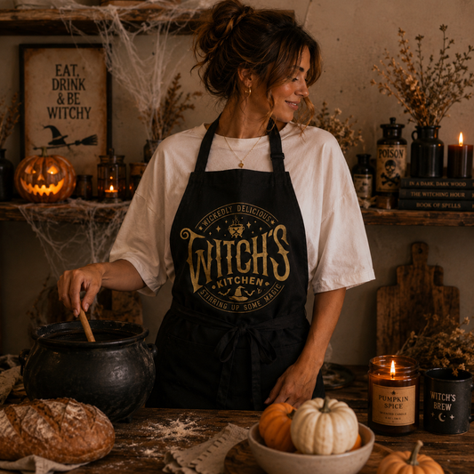 A woman wearing a black apron with a gold 'Witch's Kitchen' graphic stands in a rustic, Halloween-themed kitchen, stirring a cauldron. The scene is decorated with a pumpkin, candles, dried flowers, and autumn decor.