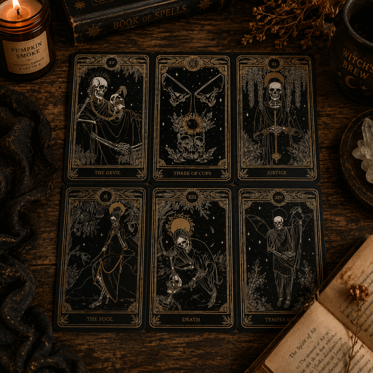 Six tarot cards with gothic skeleton illustrations arranged on a dark wooden surface, surrounded by witch-style props including a lit candle, old book pages, crystals, and dried flowers.