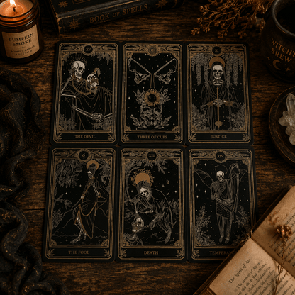 Six tarot cards with gothic skeleton illustrations arranged on a dark wooden surface, surrounded by witch-style props including a lit candle, old book pages, crystals, and dried flowers.