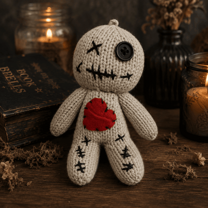 A knitted voodoo doll with a beige body, black stitched facial features, a red heart on the chest, and a black button for a right eye, displayed on a wooden surface with candles, dried flowers, and an old book in the background.