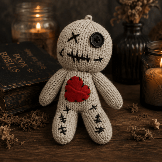 A knitted voodoo doll with a beige body, black stitched facial features, a red heart on the chest, and a black button for a right eye, displayed on a wooden surface with candles, dried flowers, and an old book in the background.