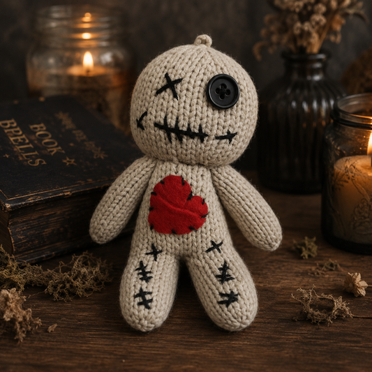 A knitted voodoo doll with a beige body, black stitched facial features, a red heart on the chest, and a black button for a right eye, displayed on a wooden surface with candles, dried flowers, and an old book in the background.