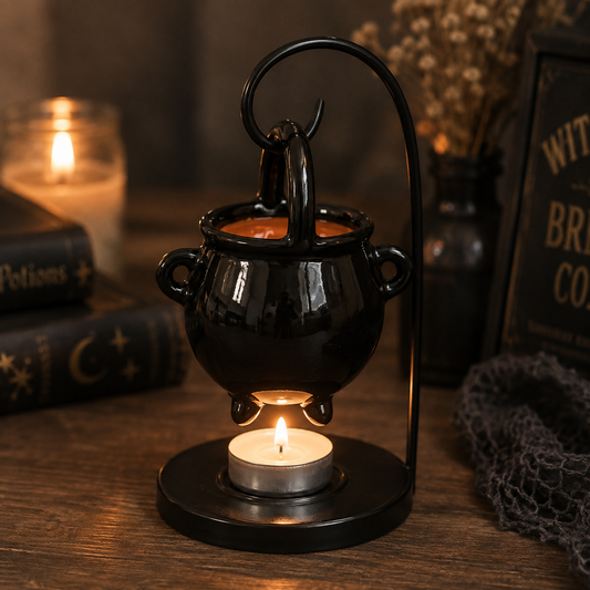 A black cauldron-shaped candle holder with a curved metal stand, holding a tea light candle underneath and a larger orange candle inside, styled on a wooden table with books and a cozy background.
