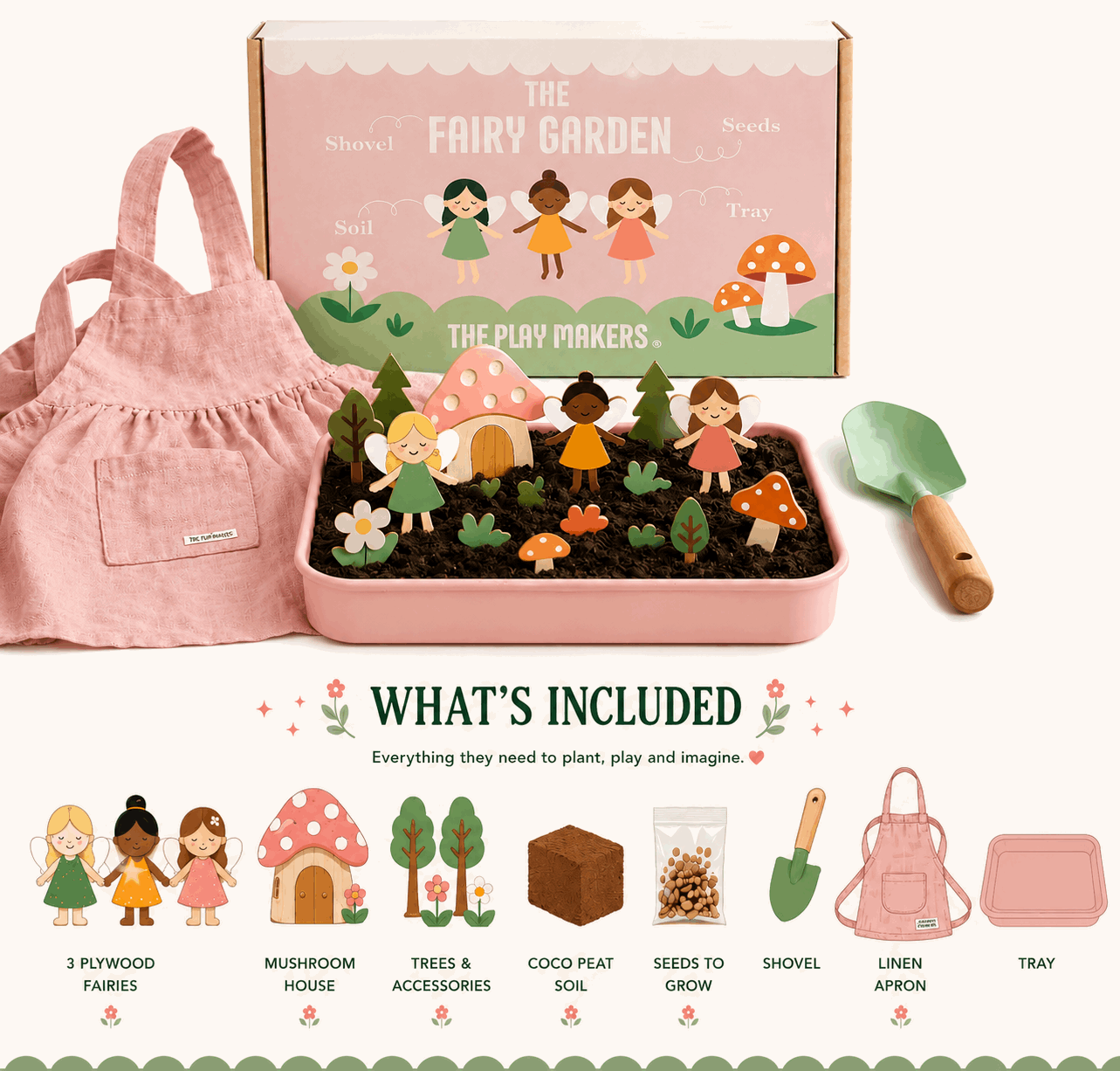 Fairy garden set with pink apron, fairy figures, and tools on a white background