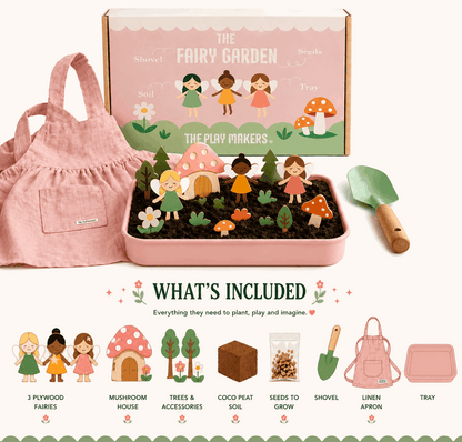 Fairy garden set with pink apron, fairy figures, and tools on a white background
