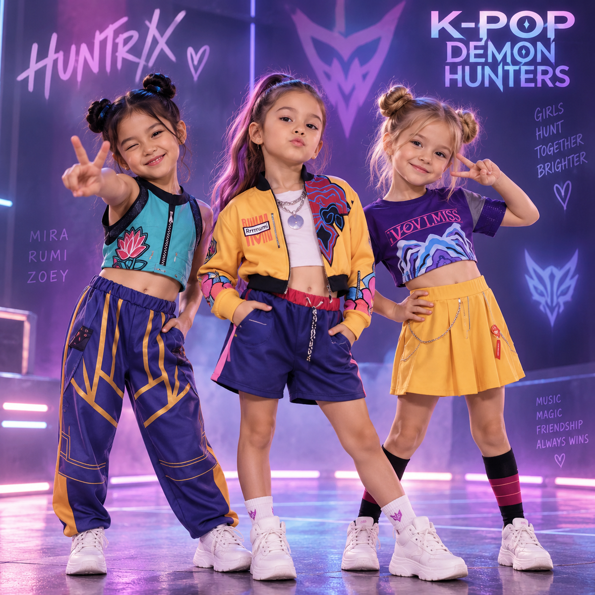 Three young girls modeling colorful K-pop themed outfits on a stage with a 'Huntrix' and 'K-POP Demon Hunters' backdrop.