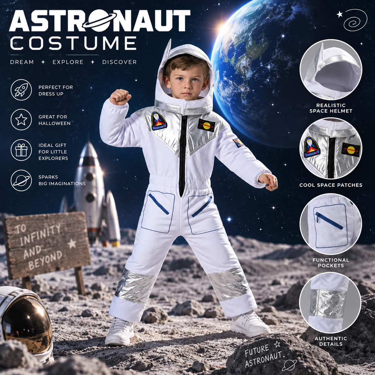A child modeling a white astronaut costume with silver reflective accents, shown on a moon-like surface with rockets, Earth, and space-themed text callouts. The image includes inset circles showing details like a realistic space helmet, space patches, pockets, and authentic-looking seams.