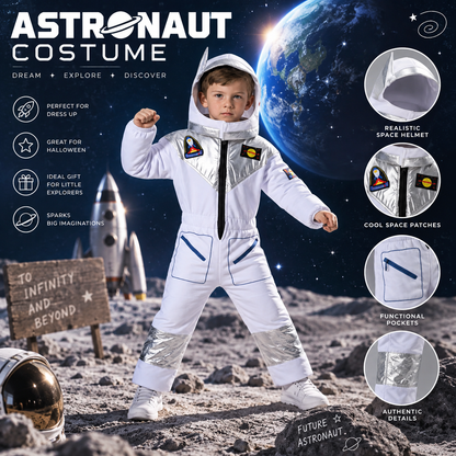 A child modeling a white astronaut costume with silver reflective accents, shown on a moon-like surface with rockets, Earth, and space-themed text callouts. The image includes inset circles showing details like a realistic space helmet, space patches, pockets, and authentic-looking seams.