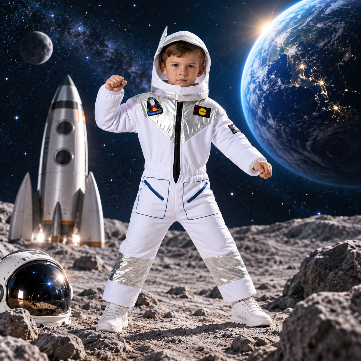 A young boy wearing a white astronaut costume stands on a rocky lunar surface with a silver helmet, a toy rocket, and a large Earth in the background. The costume includes a hood with a clear visor, silver reflective accents, and small multicolor patches.