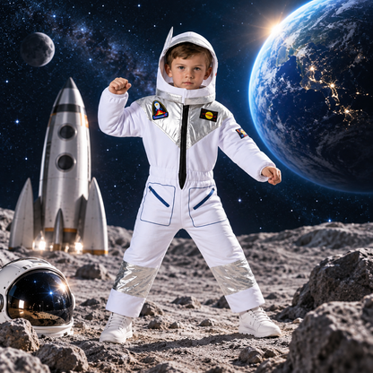 A young boy wearing a white astronaut costume stands on a rocky lunar surface with a silver helmet, a toy rocket, and a large Earth in the background. The costume includes a hood with a clear visor, silver reflective accents, and small multicolor patches.