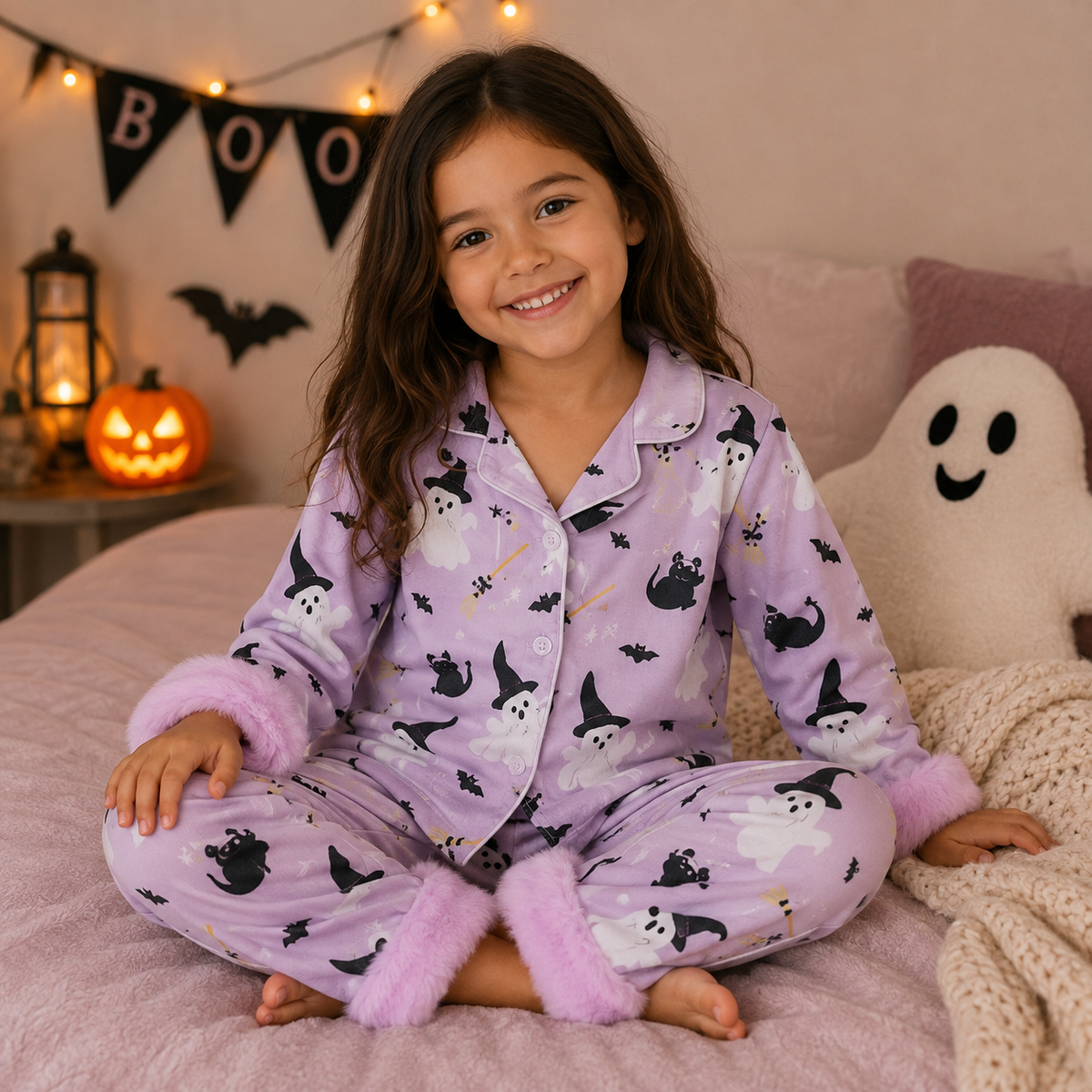 A young girl with long brown hair sits cross-legged on a pink bed wearing a lavender Halloween pajama set with a white and black ghost and bat pattern. The room is decorated for Halloween with a glowing jack-o'-lantern, a ghost pillow, and a 'BOO' banner in the background.