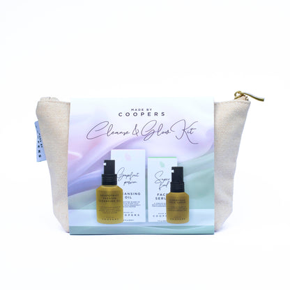 Coopers skincare kit with three bottles and a pouch on a white background