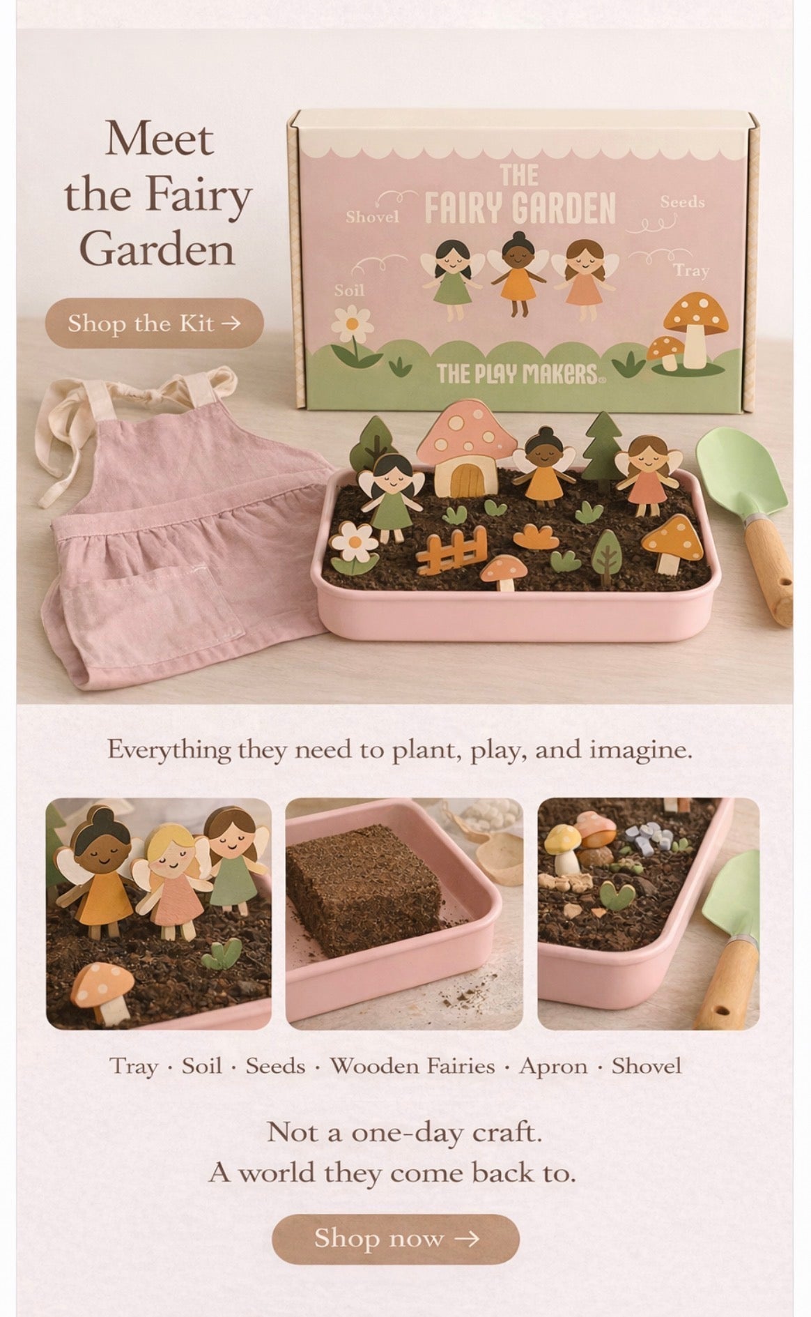 Fairy garden kit with pink apron, tray, soil, wooden fairies, and shovel on a white background.