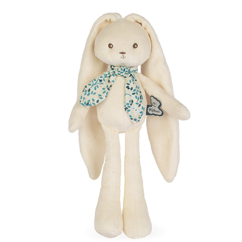 Plush toy rabbit with a green leaf-patterned scarf on a white background