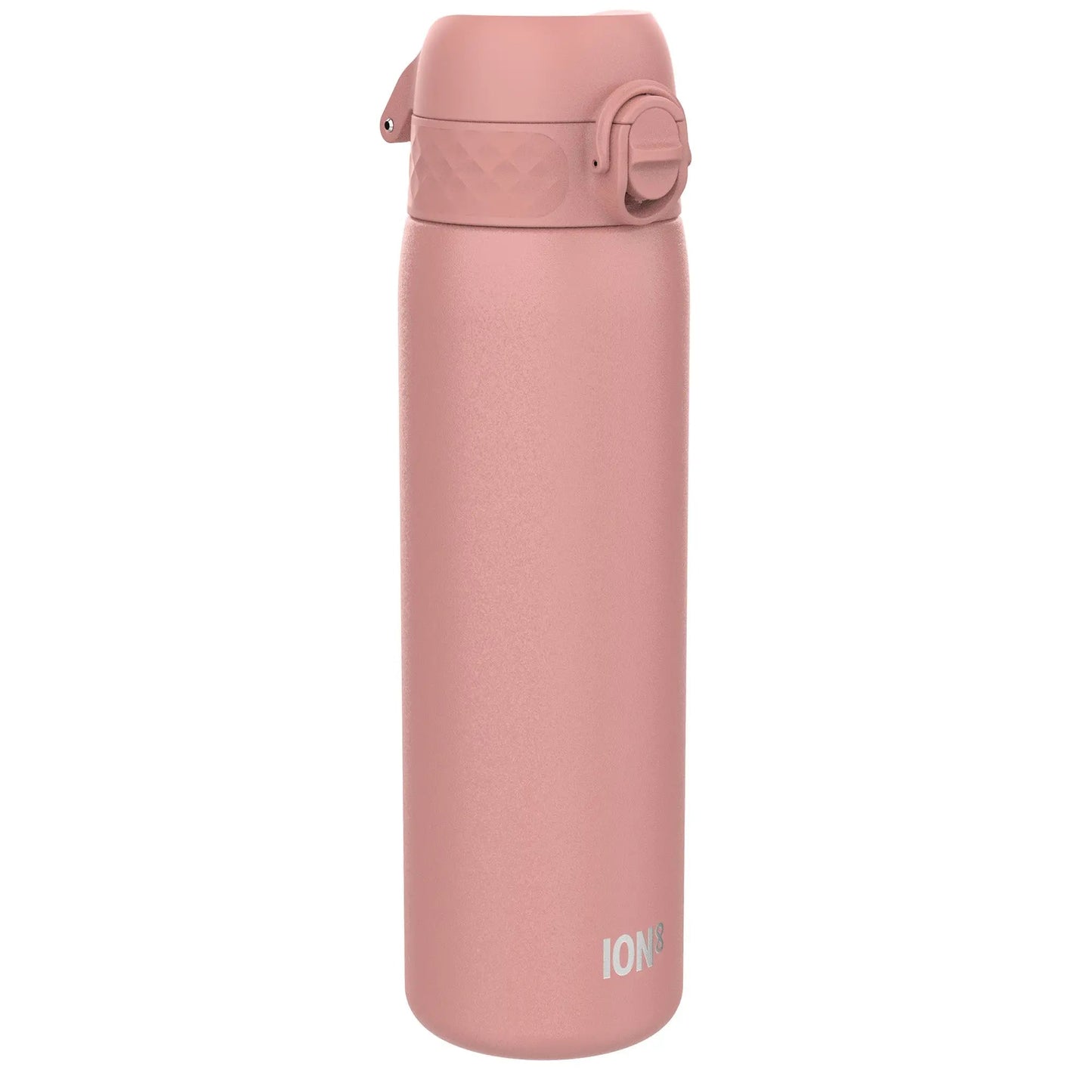 Pink water bottle with 'ION' branding on a white background