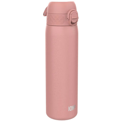 Pink water bottle with 'ION' branding on a white background