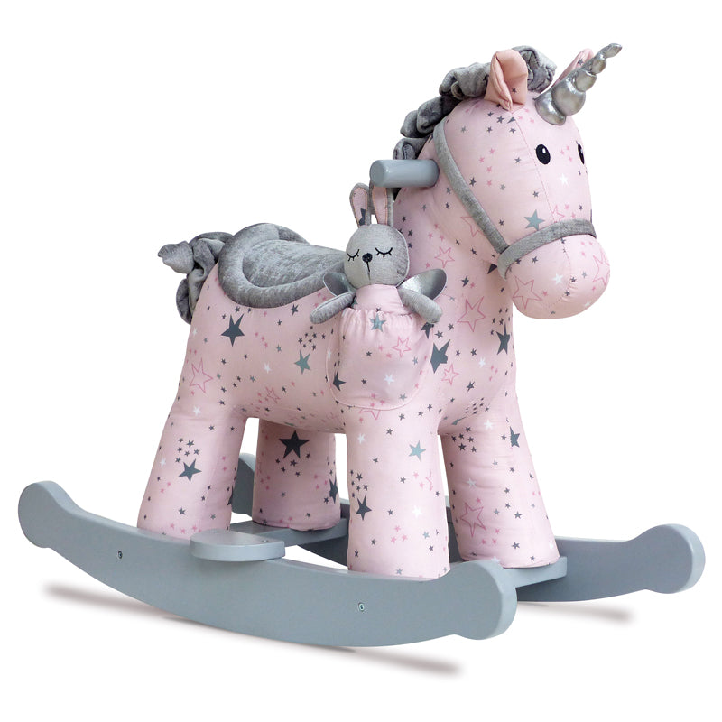 Pink rocking unicorn toy with star pattern on a white background