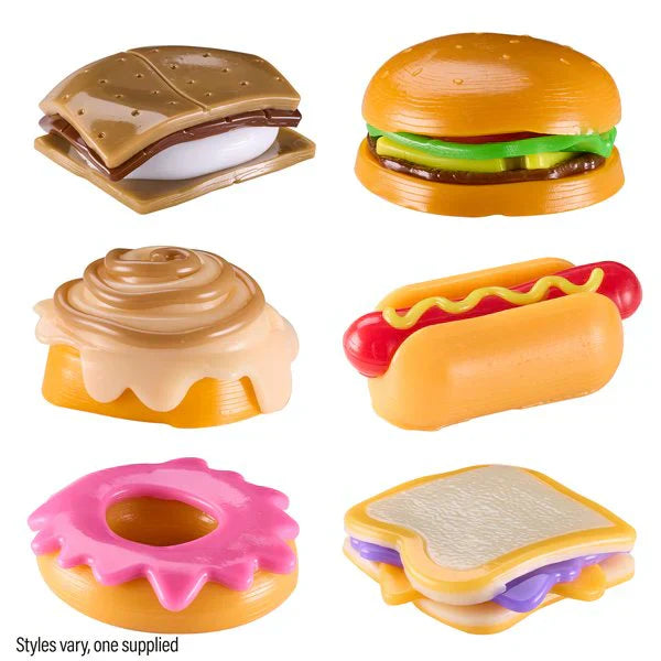 Set of toy food items including a hamburger, hot dog, donut, and sandwich on a white background.