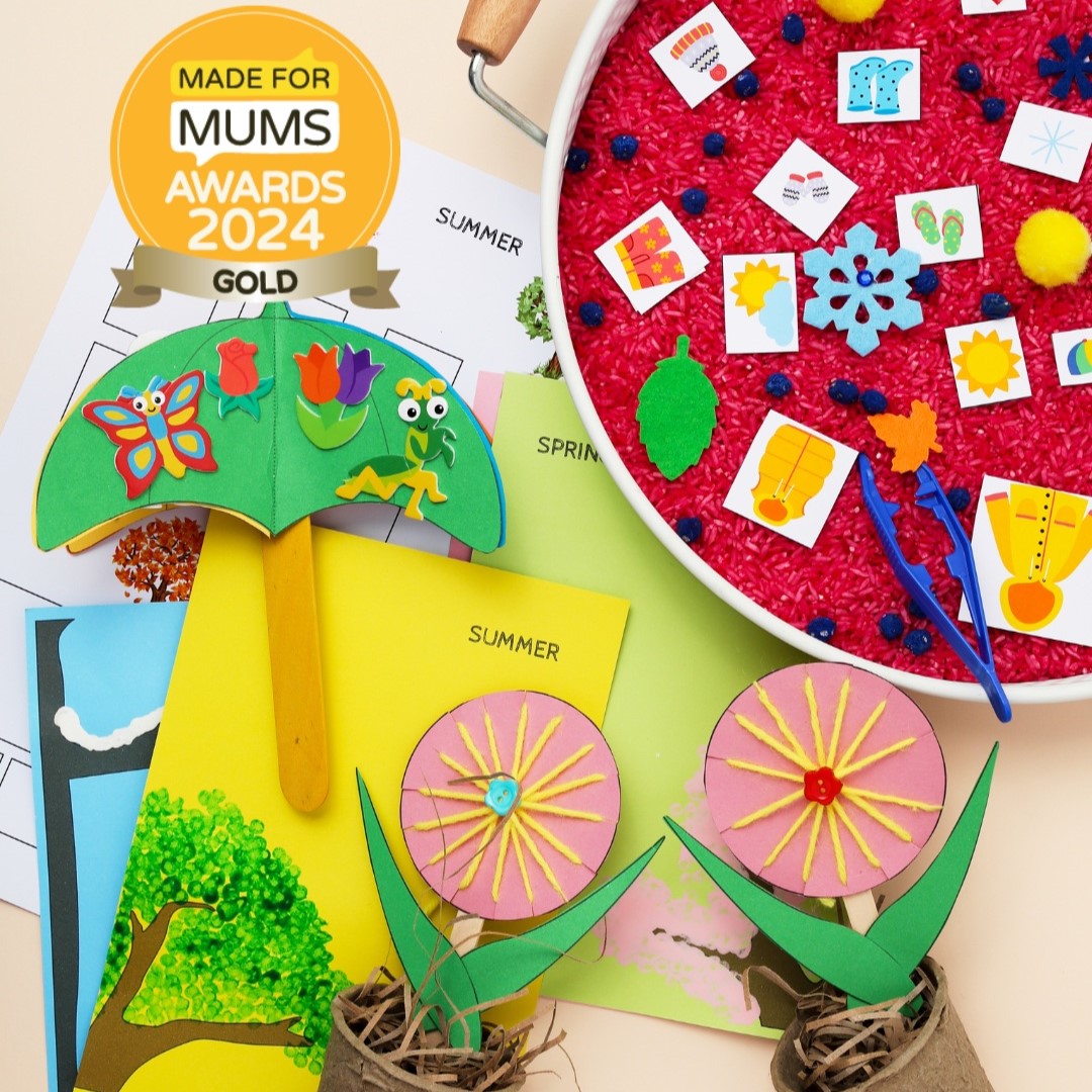 Children's craft materials with a 'Made for Mums Awards 2024' gold badge on a beige background.