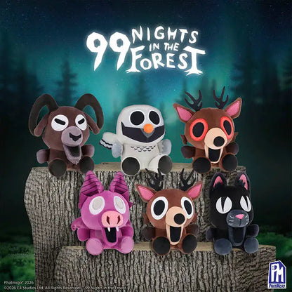 Plush toys from '99 Nights in the Forest' on a tree stump with a forest background.