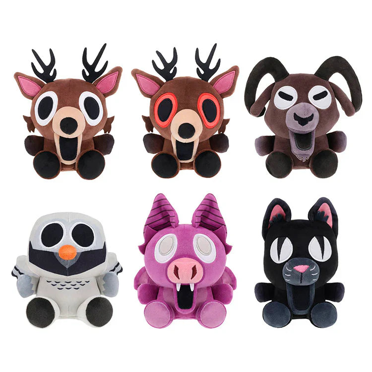Set of six colorful plush toys with animal designs on a white background
