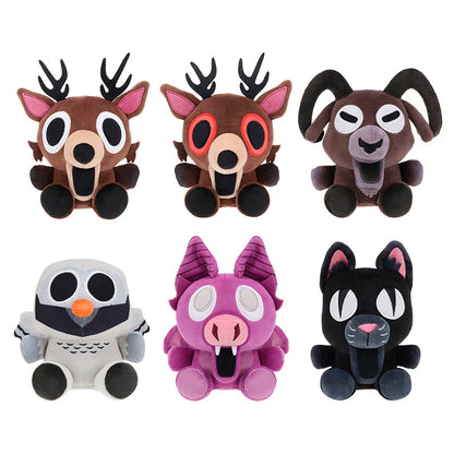 Set of six colorful plush toys with animal designs on a white background