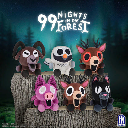 Plush toys from '99 Nights in the Forest' on a tree stump with a forest background.