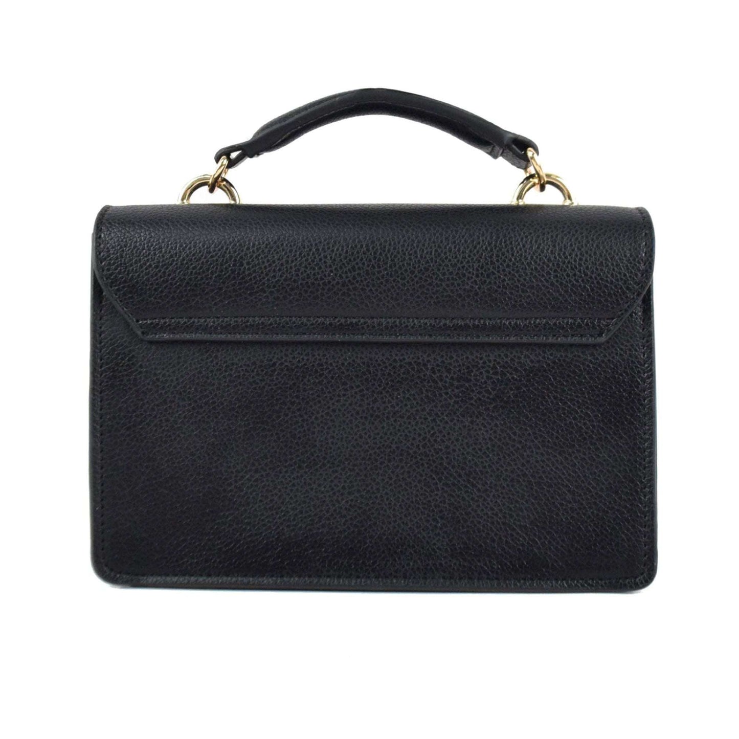 Black leather handbag with gold handles on a white background