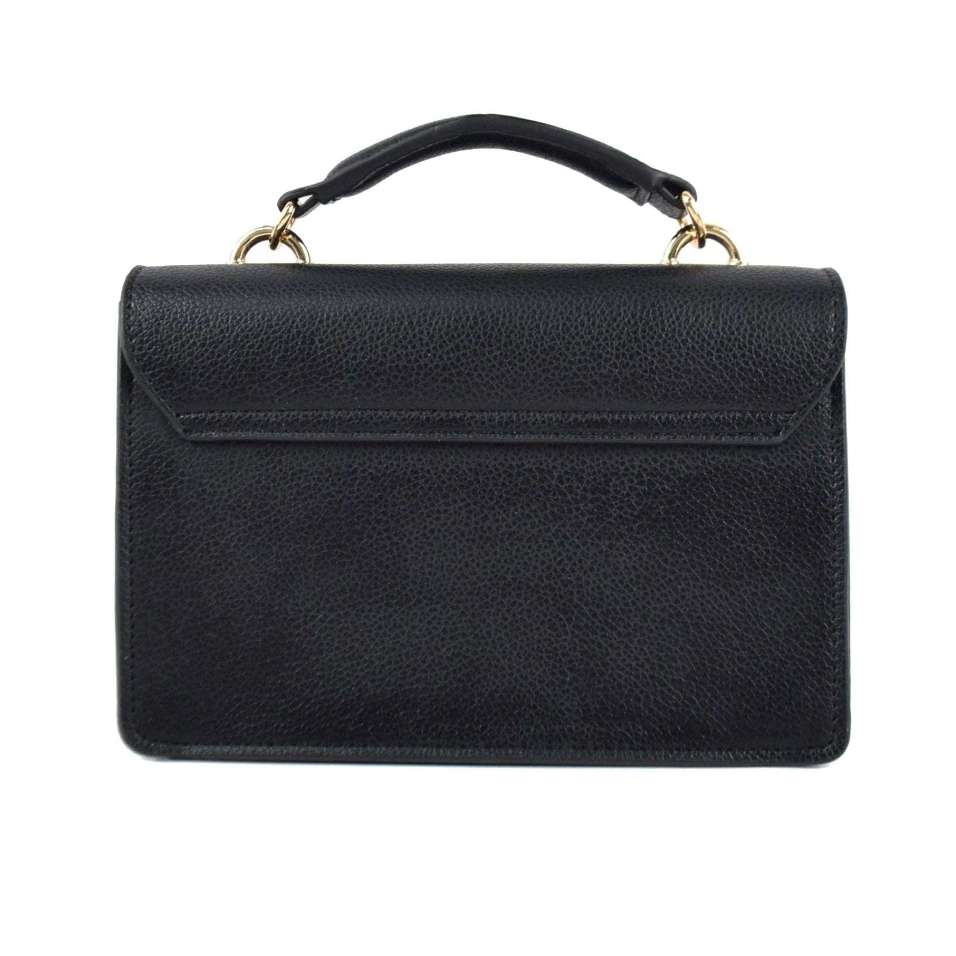 Black leather handbag with gold handles on a white background