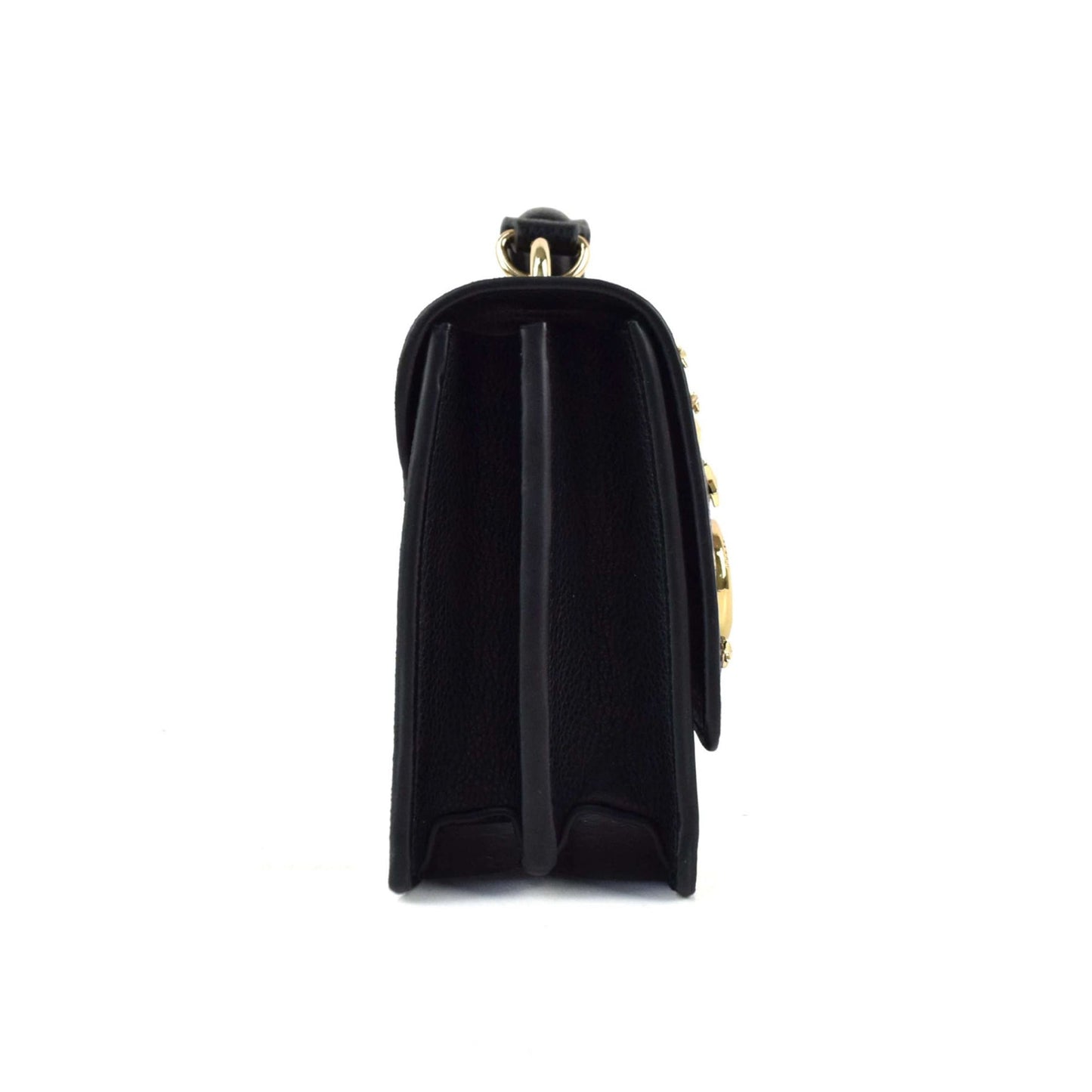 Black handbag with a strap on a white background