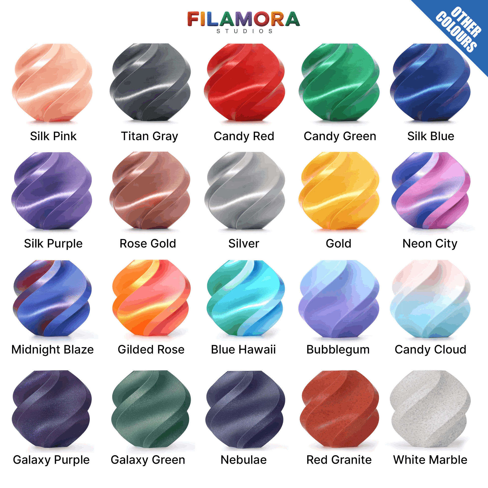 Color swatches with FILAMORA Studios branding and a range of colors.