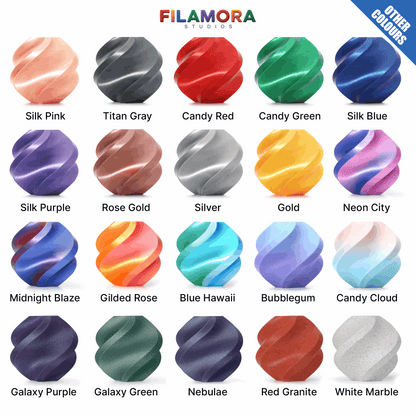 Color swatches with FILAMORA Studios branding and a range of colors.