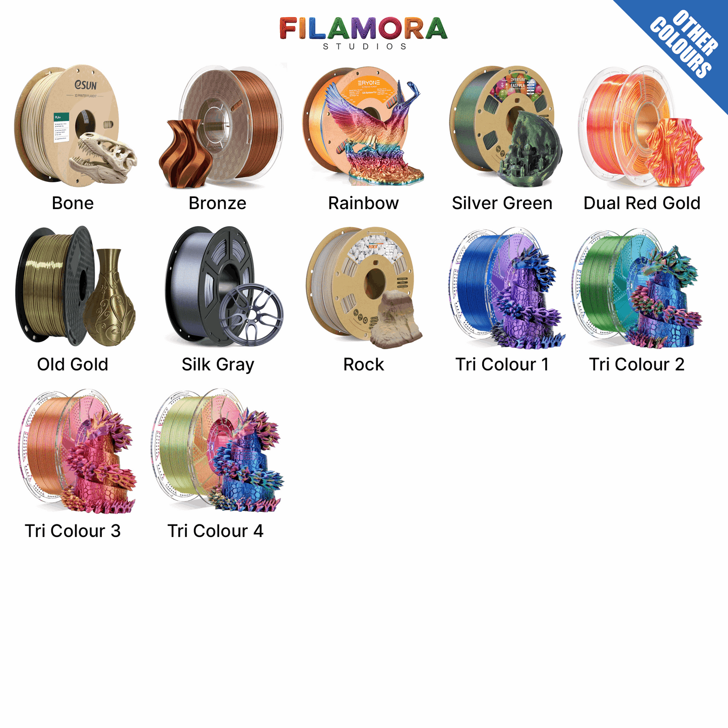 Collection of filament spools with various colors and brands on a white background, featuring the Filamora brand.