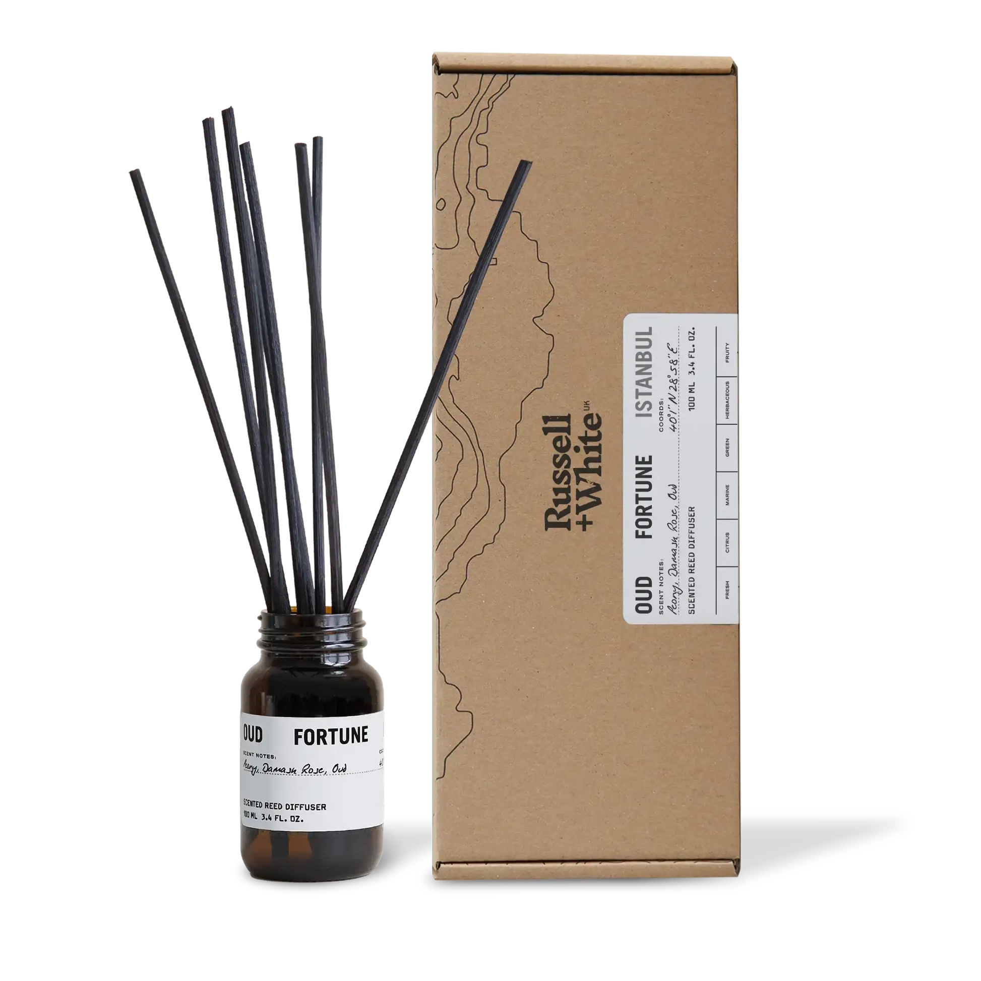 Diffuser bottle with black sticks and cardboard box labeled 'Oud Fortune' by Russell & White on a white background.