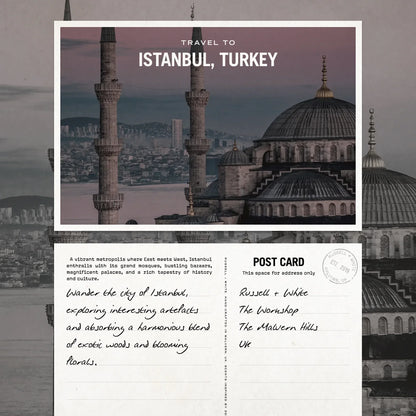 Travel postcard to Istanbul, Turkey with architectural landmarks and a scenic view.