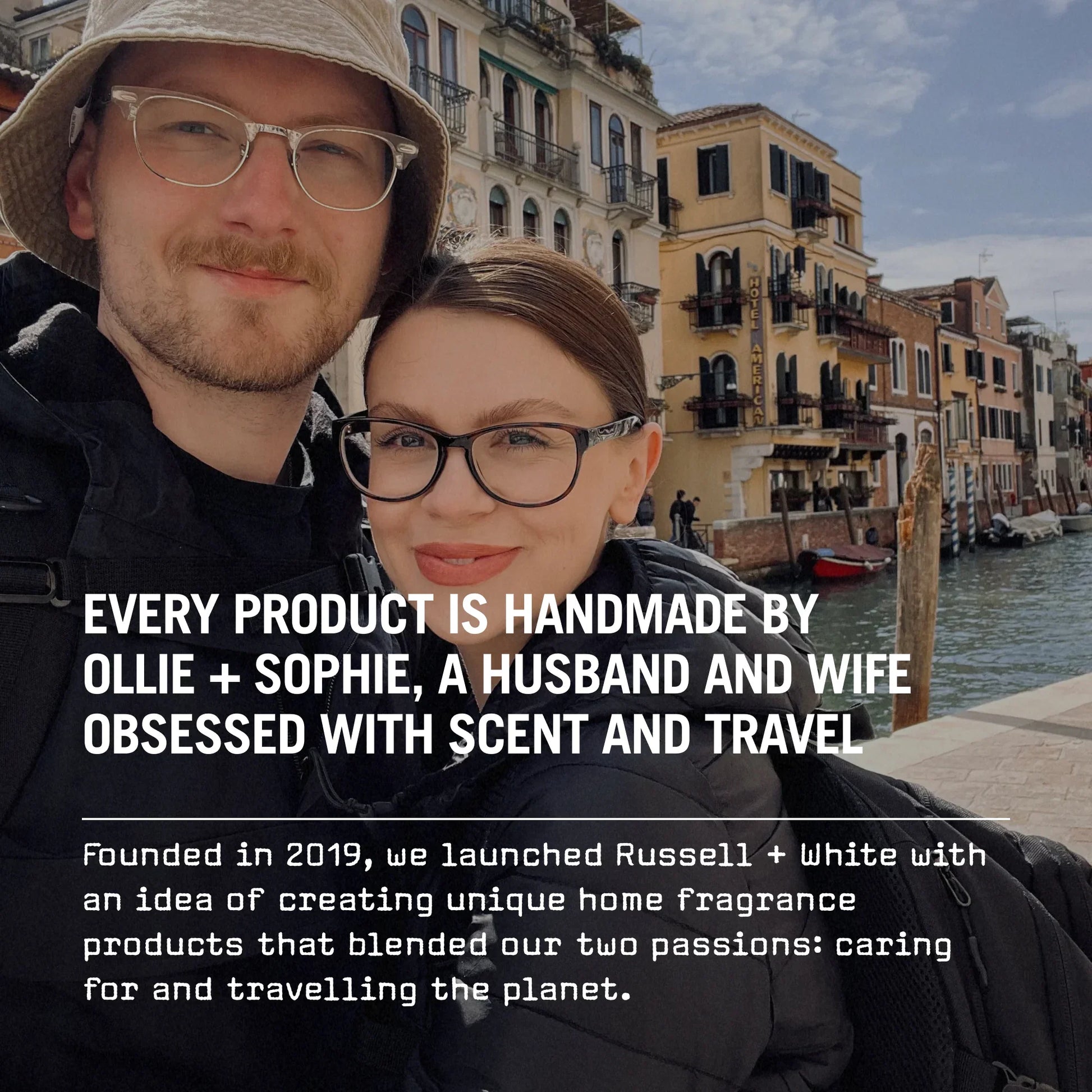 Two people standing in front of a canal with buildings in the background, text overlay about a product brand.