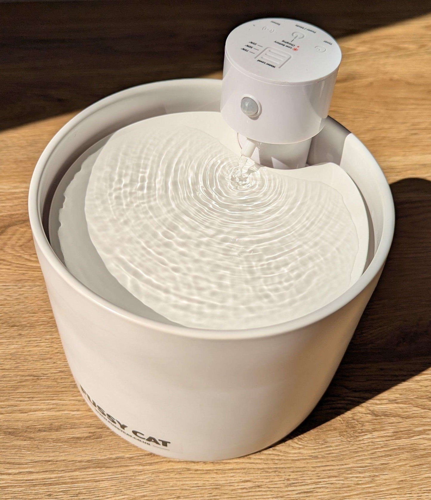 White pet water fountain on a wooden surface