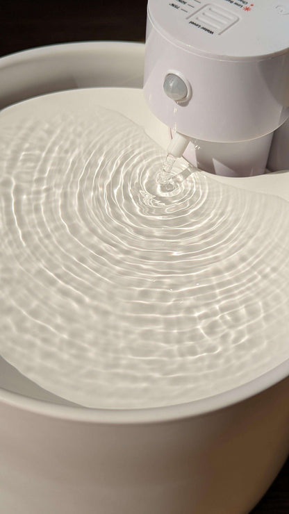 White pet water fountain with water flowing into a white bowl