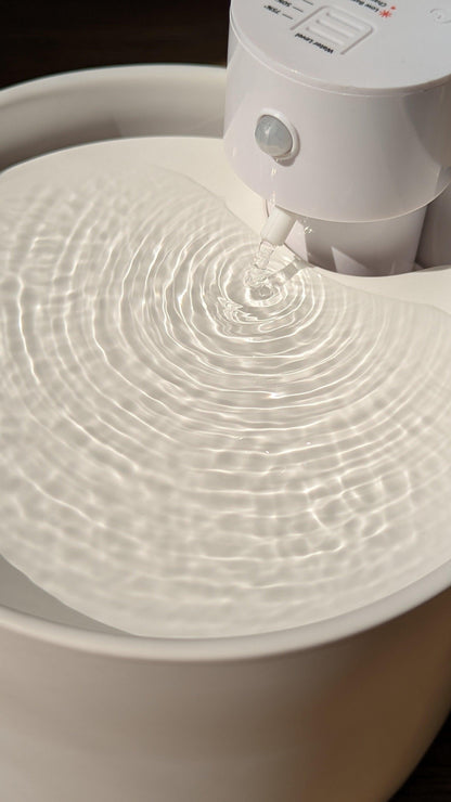 White pet water fountain with water flowing into a white bowl