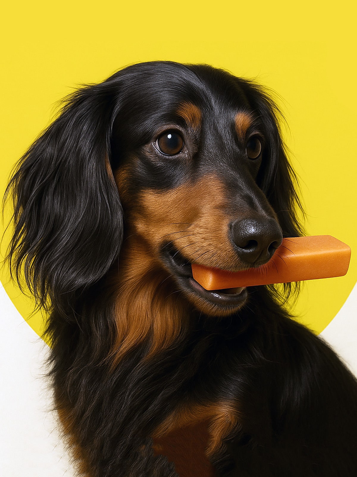 Dog holding a carrot in its mouth against a yellow background