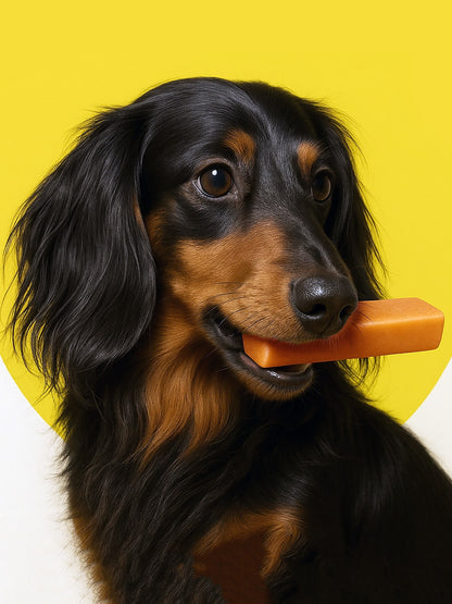 Dog holding a carrot in its mouth against a yellow background