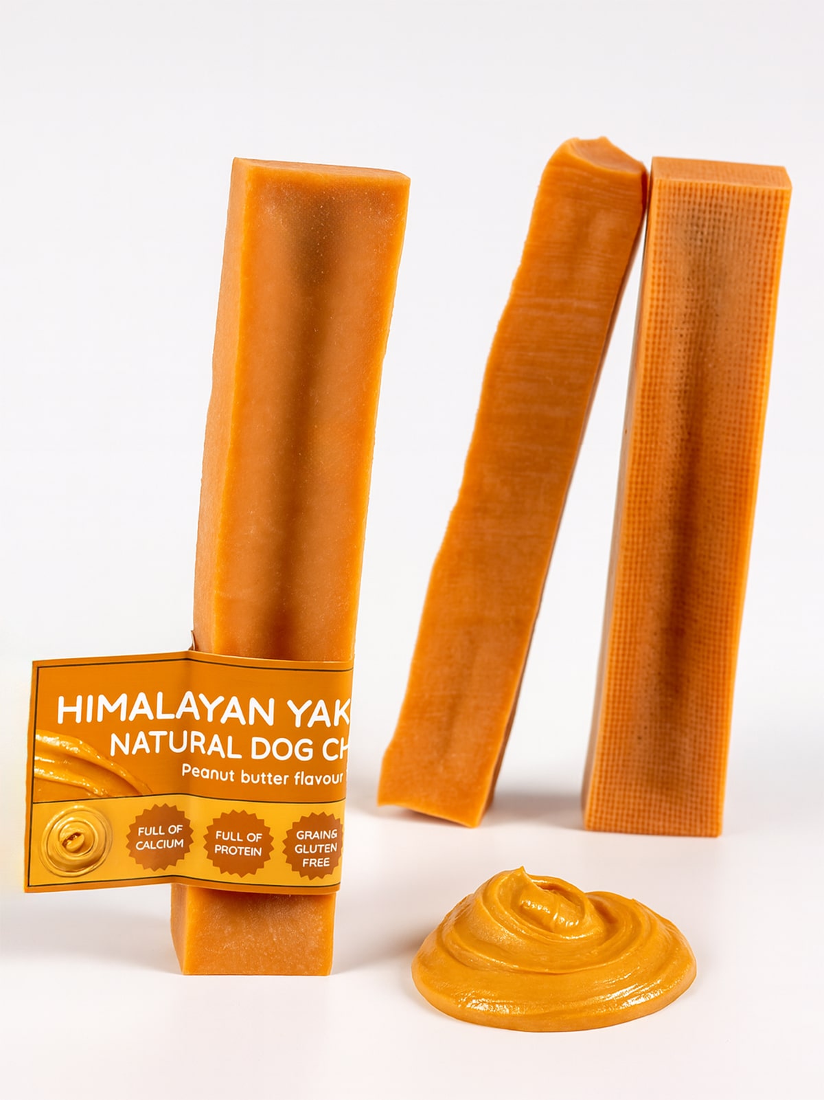 Himalayan Yak natural dog chews with packaging on a white background