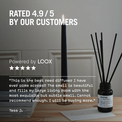 Reed diffuser with a candle on a wooden surface, featuring Loox branding and customer review text.
