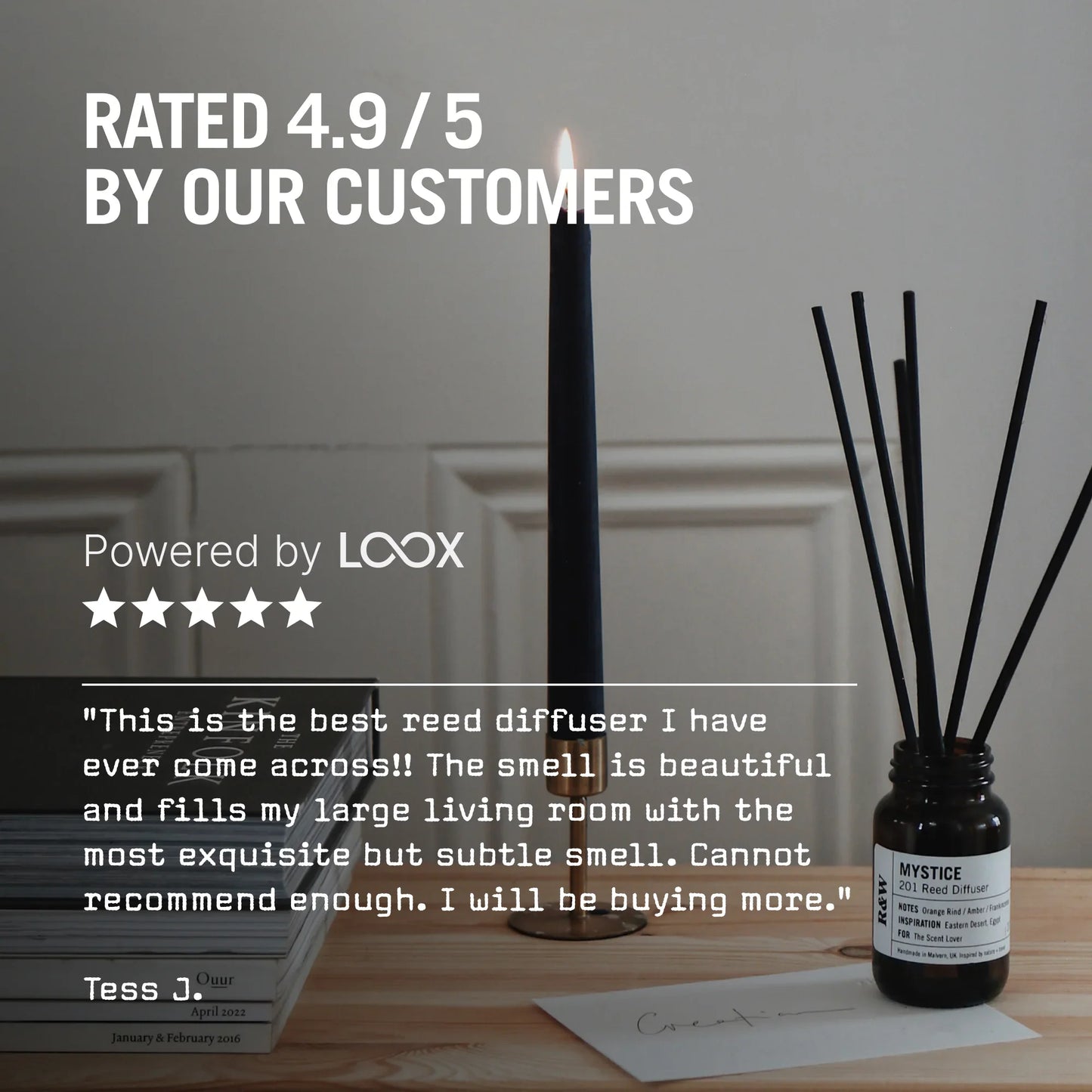 Reed diffuser with a candle on a wooden surface, featuring Loox branding and customer review text.