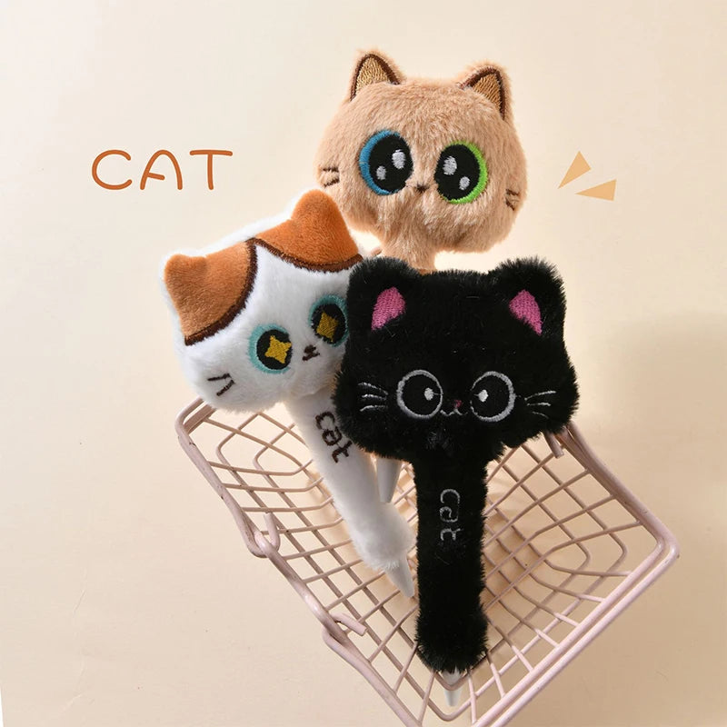 Three plush cat toys in different colors on a wire rack with a beige background.