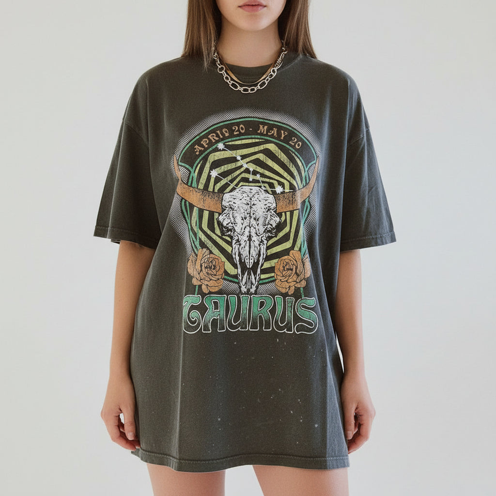 woman wearing taurus graphic tshirt