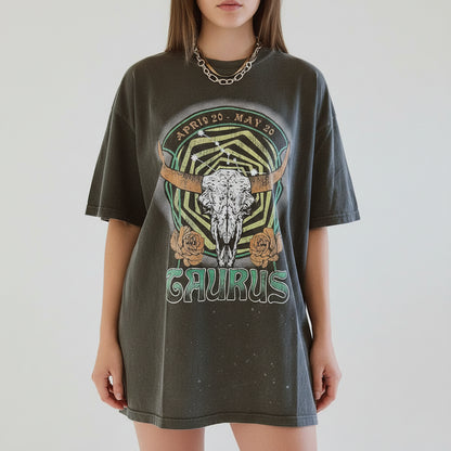 woman wearing taurus graphic tshirt